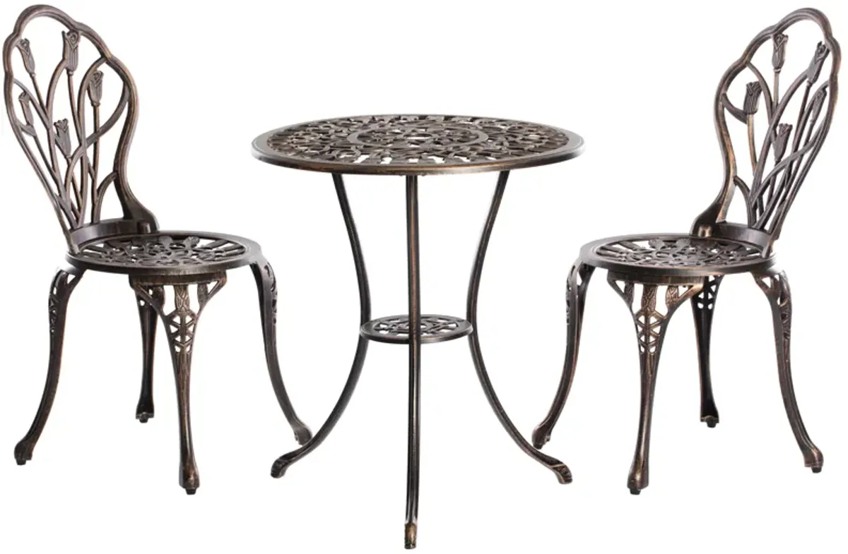 Indoor and Outdoor Bronze Dinning Set 2 Chairs with 1 Table Bistro Patio Cast Aluminum.