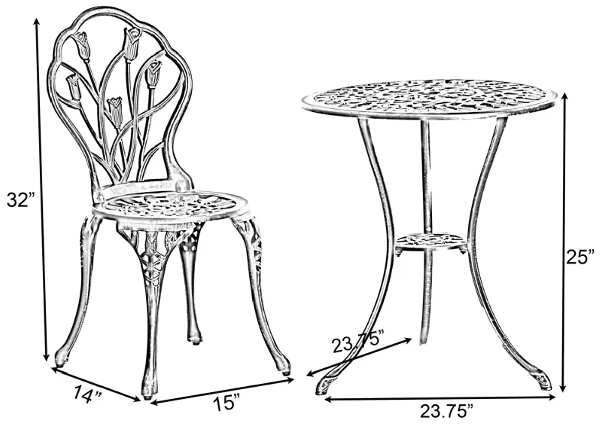 Indoor and Outdoor Bronze Dinning Set 2 Chairs with 1 Table Bistro Patio Cast Aluminum.