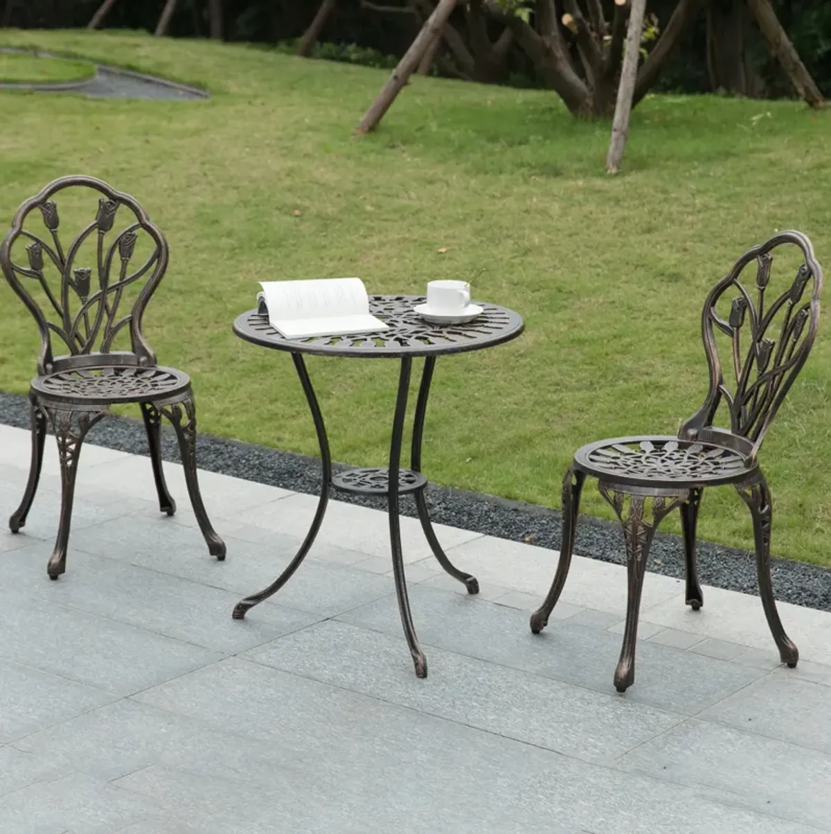 Indoor and Outdoor Bronze Dinning Set 2 Chairs with 1 Table Bistro Patio Cast Aluminum.