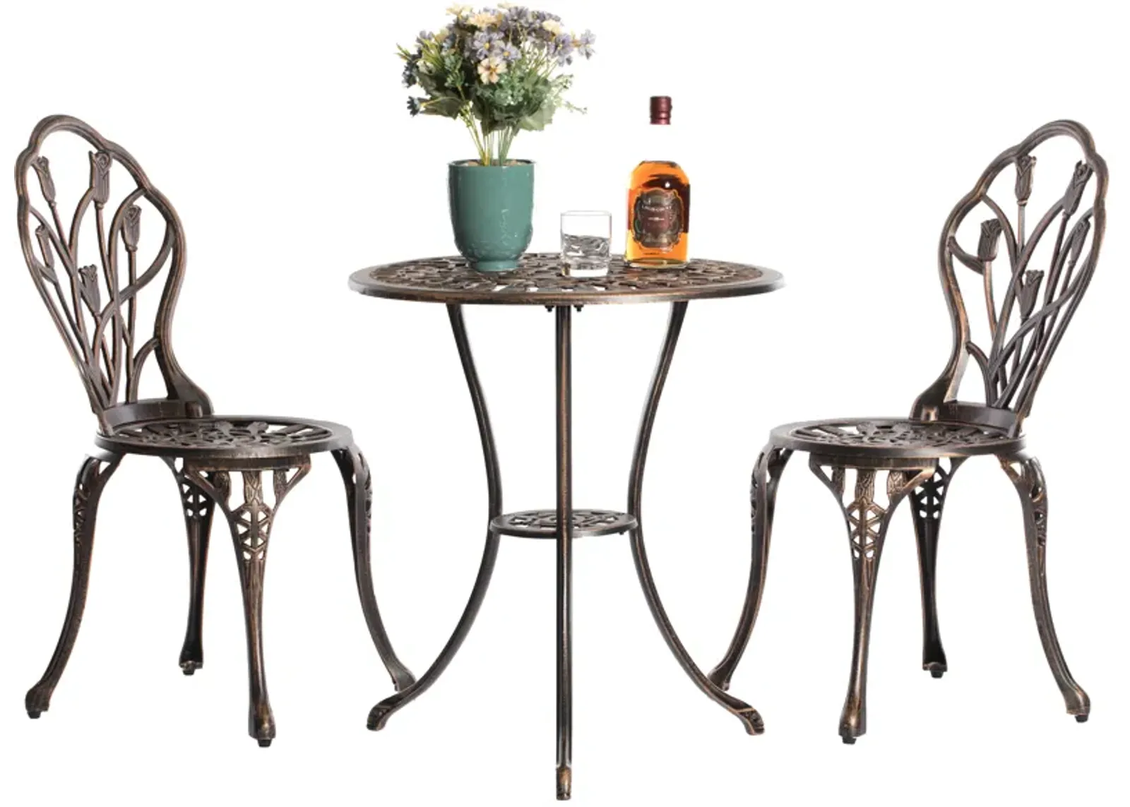 Indoor and Outdoor Bronze Dinning Set 2 Chairs with 1 Table Bistro Patio Cast Aluminum.