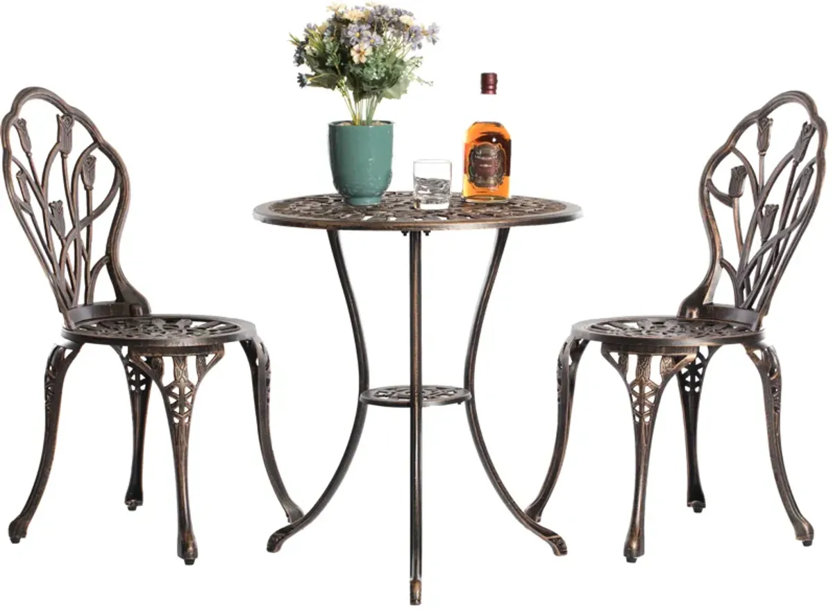 Indoor and Outdoor Bronze Dinning Set 2 Chairs with 1 Table Bistro Patio Cast Aluminum.