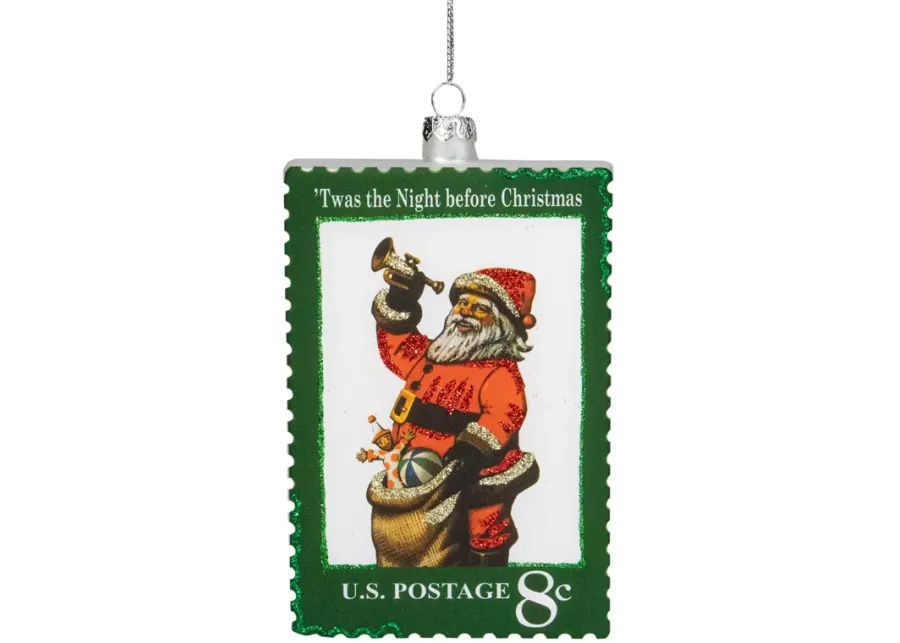 3.5" Green USPS Santa Stamp "Twas The Night Before Christmas" Glass Christmas Ornament