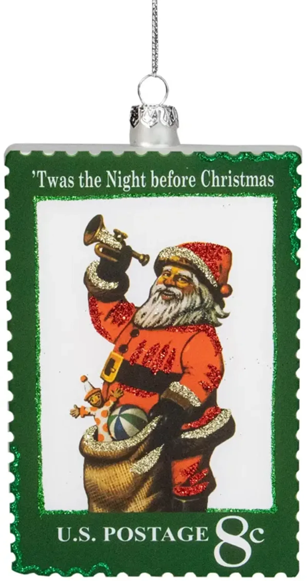 3.5" Green USPS Santa Stamp "Twas The Night Before Christmas" Glass Christmas Ornament