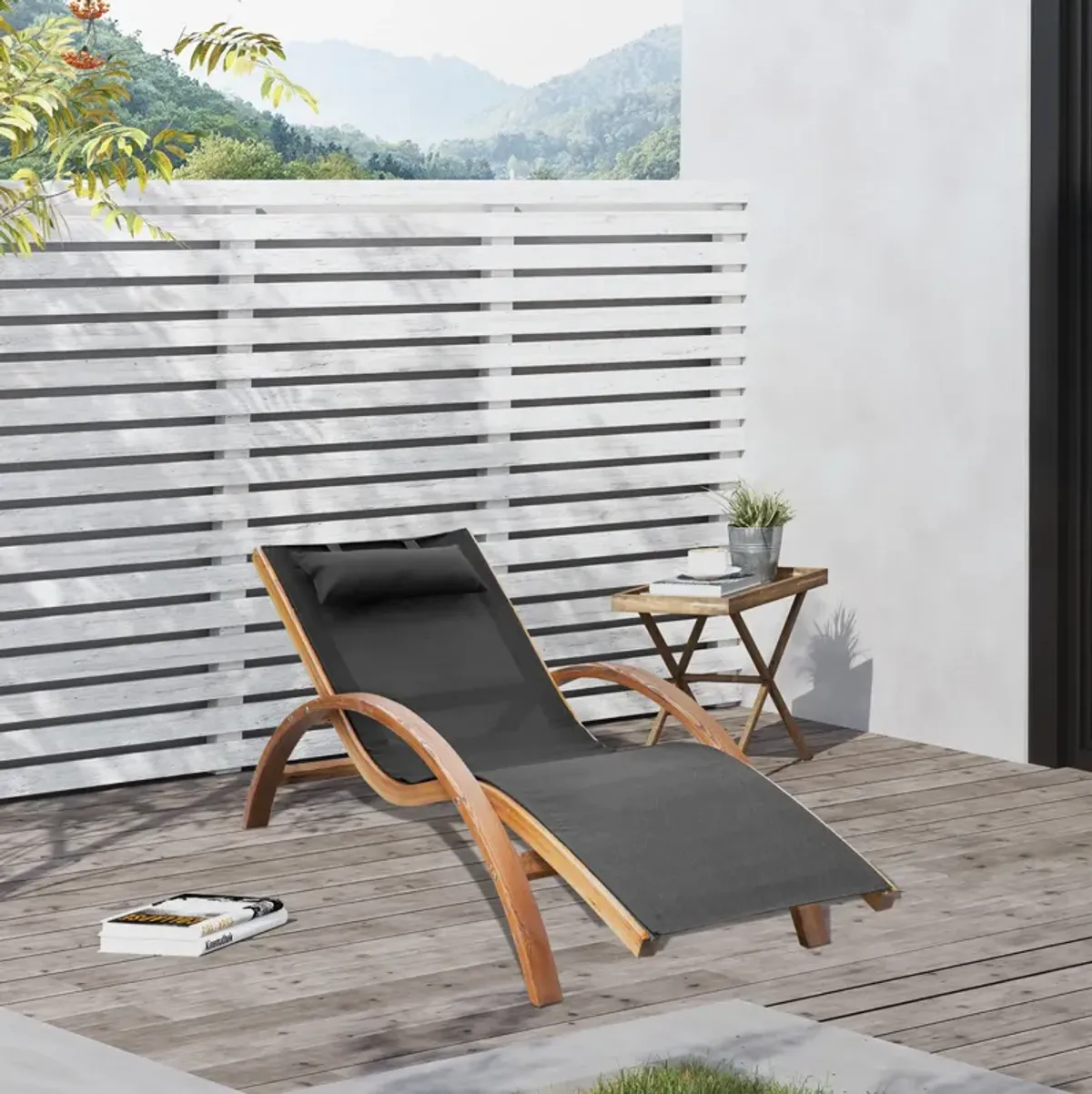 Poolside Lounger: Wooden Chaise with Mesh Sling and Pillow Armrests