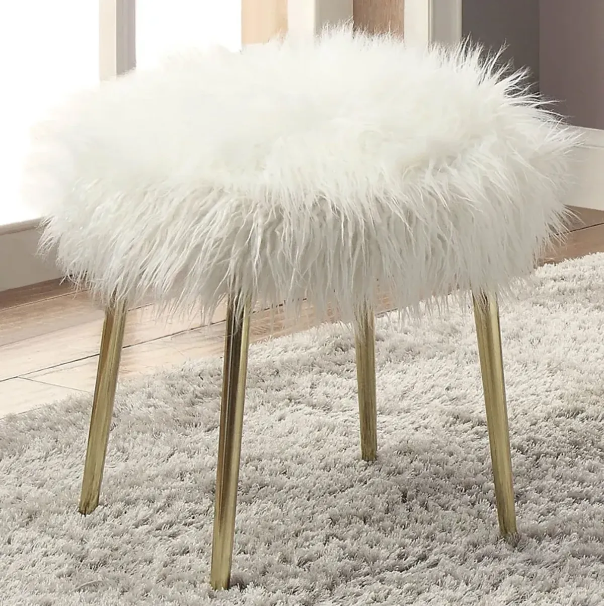 Faux Fur Upholstery Ottoman in White and Gold