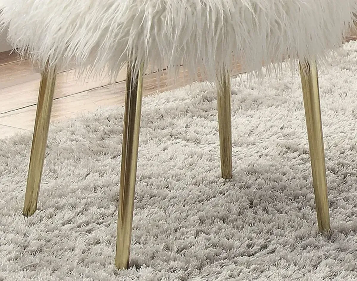 Faux Fur Upholstery Ottoman in White and Gold