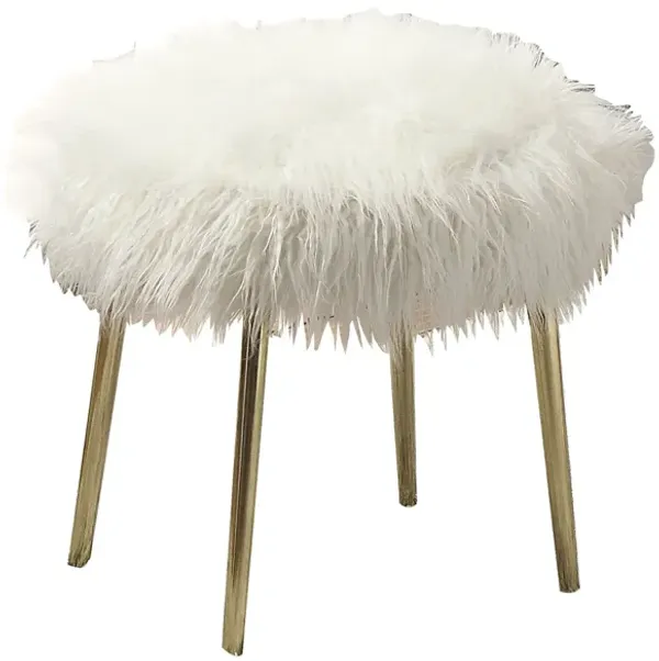 Faux Fur Upholstery Ottoman in White and Gold