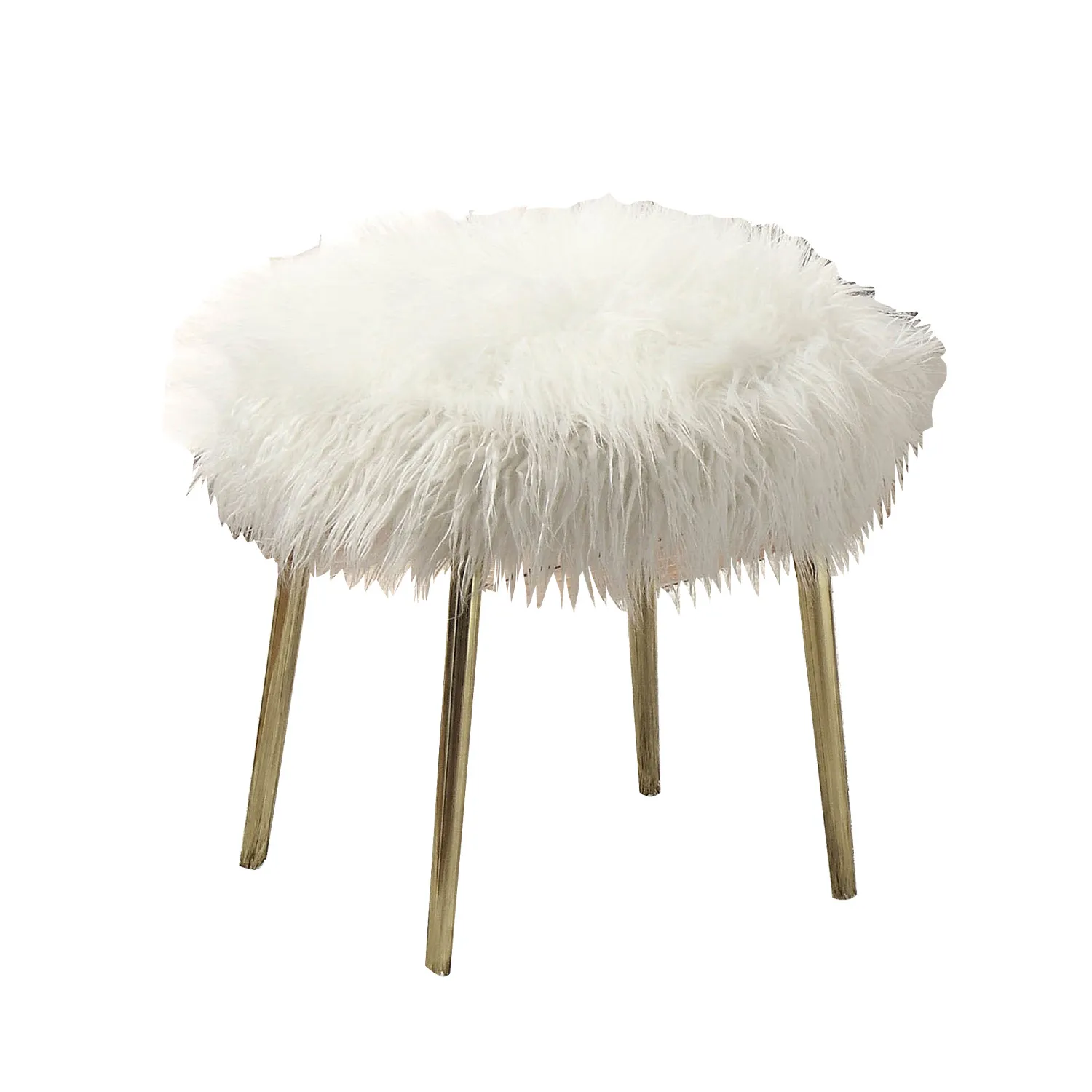 Faux Fur Upholstery Ottoman in White and Gold