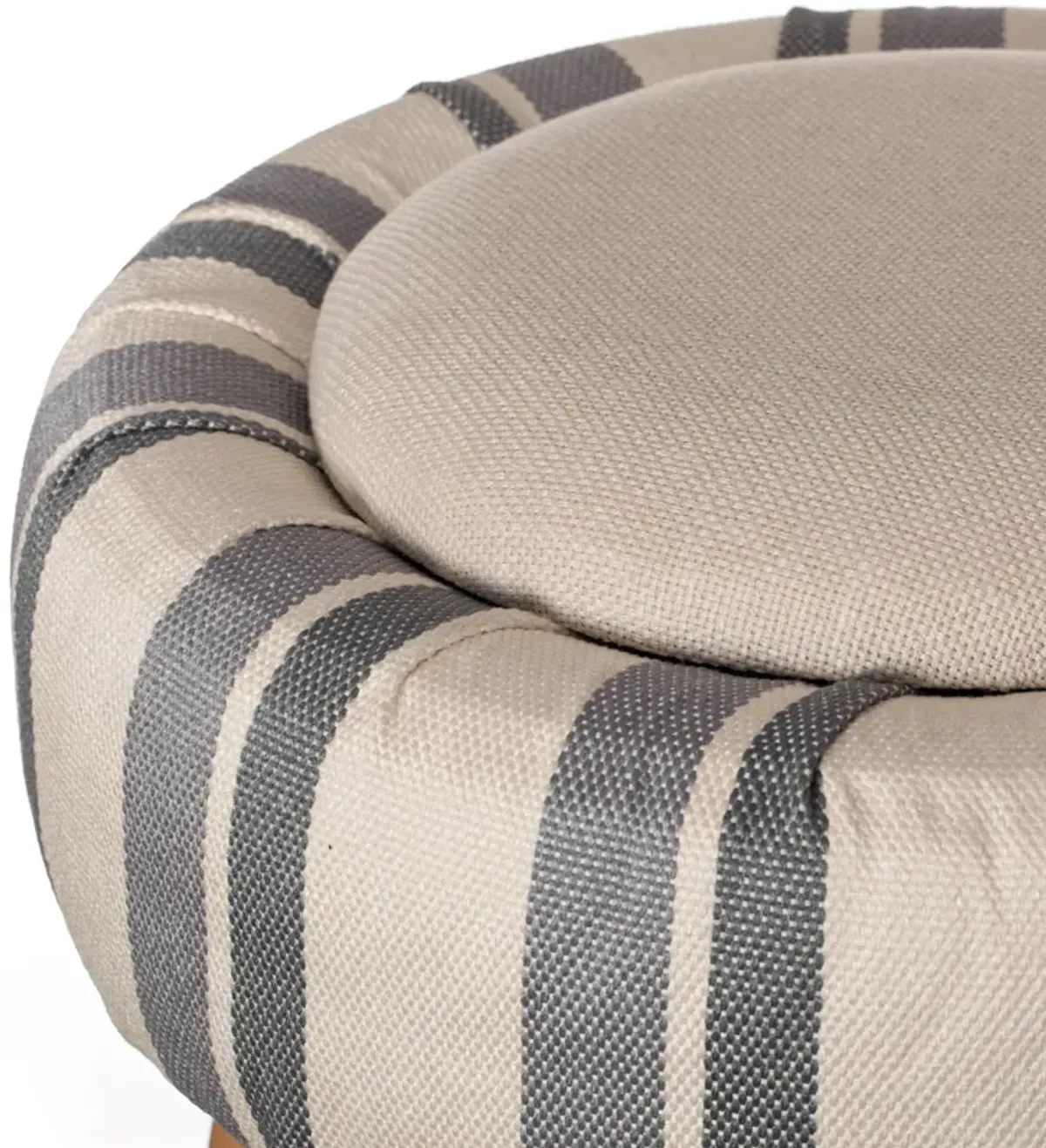 Modern Striped Round Fabric Ottoman with Inner Storage , White and Blue