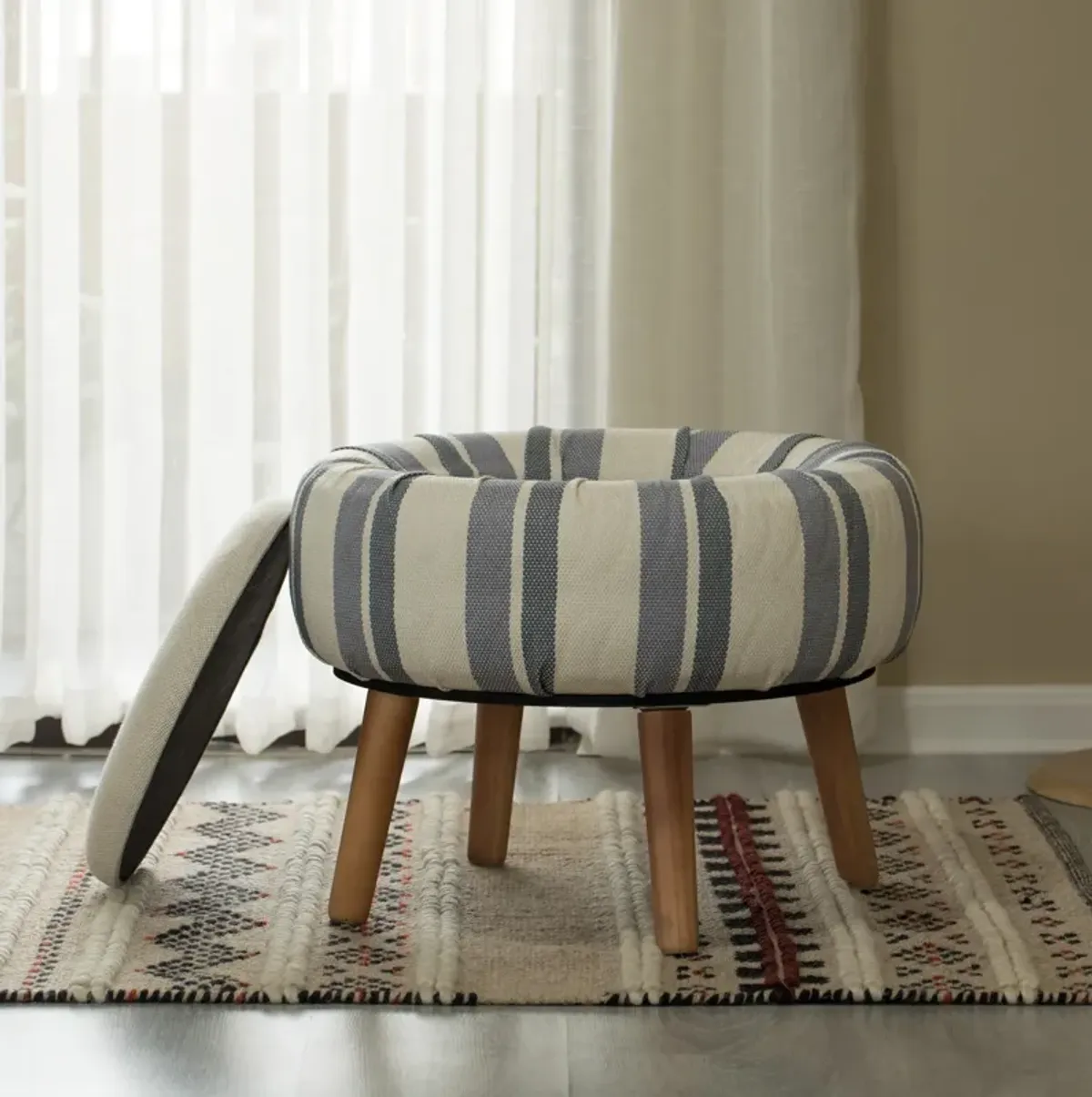 Modern Striped Round Fabric Ottoman with Inner Storage , White and Blue