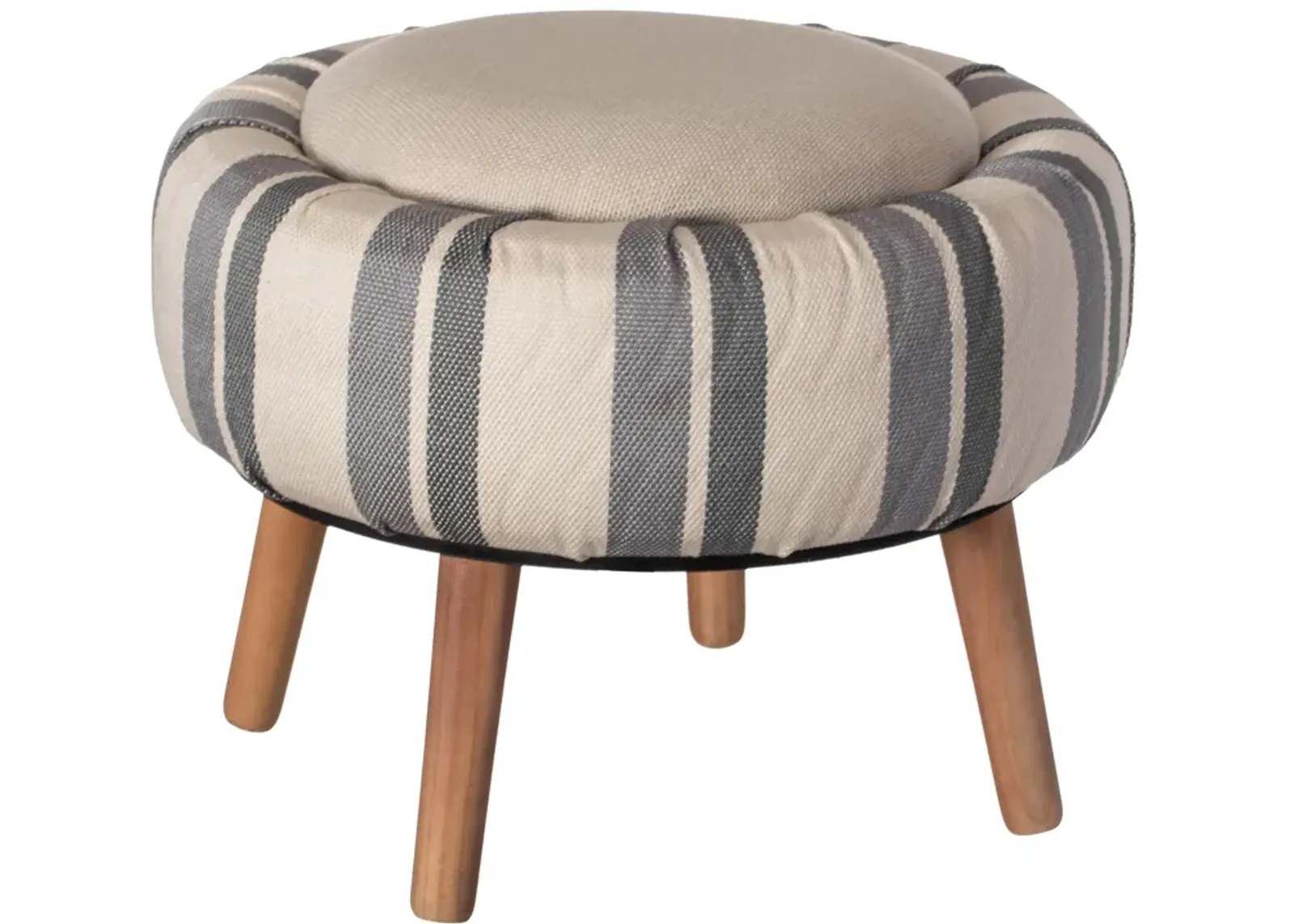 Modern Striped Round Fabric Ottoman with Inner Storage , White and Blue