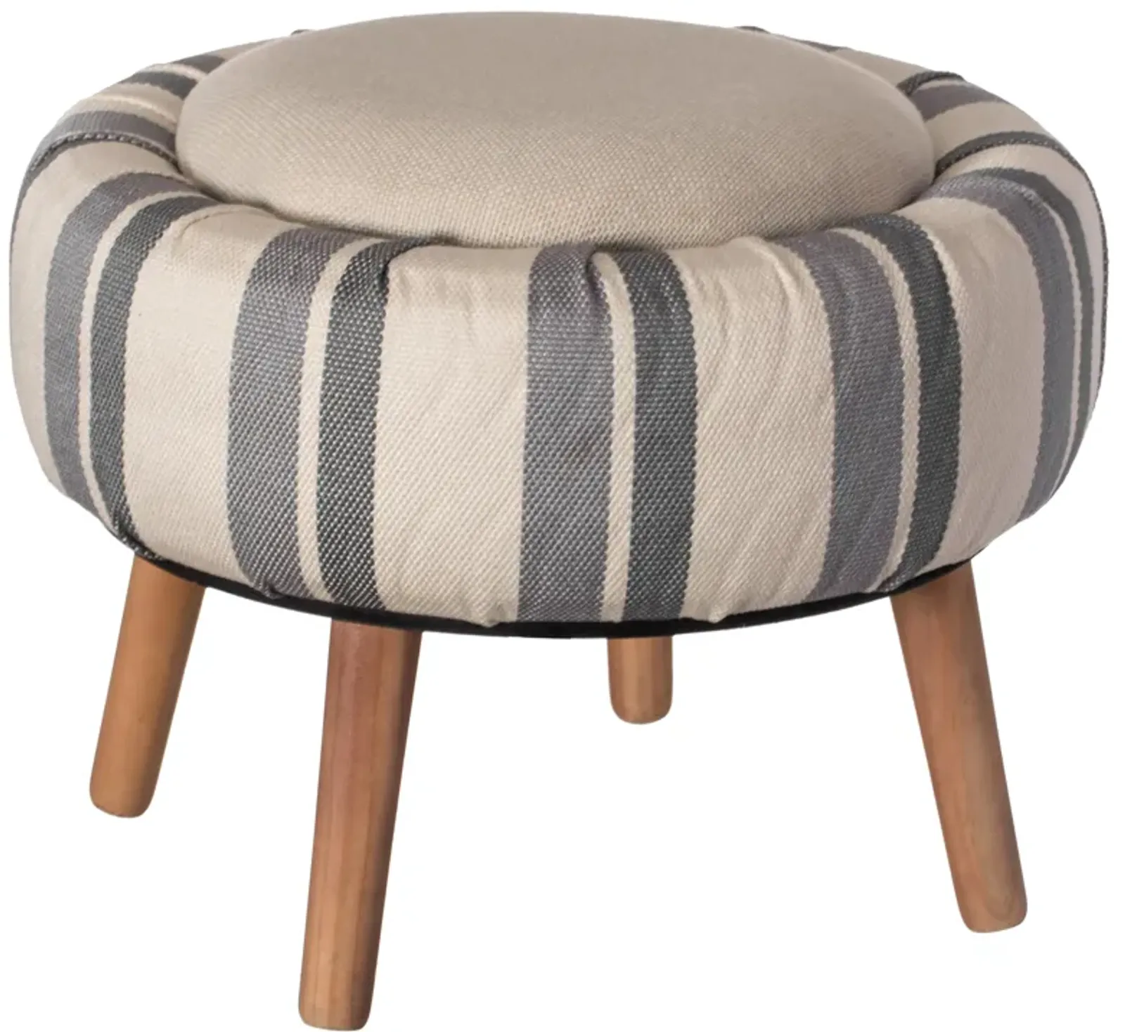 Modern Striped Round Fabric Ottoman with Inner Storage , White and Blue