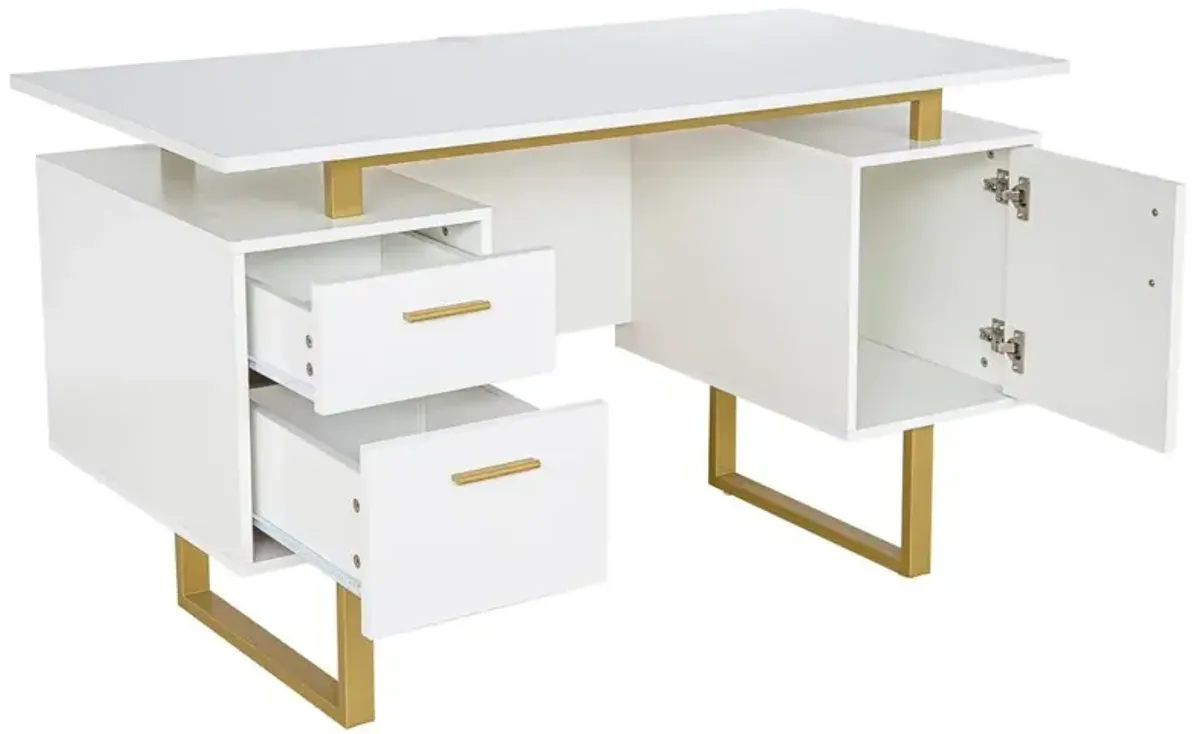 White and Gold Desk for Office with Drawers & Storage