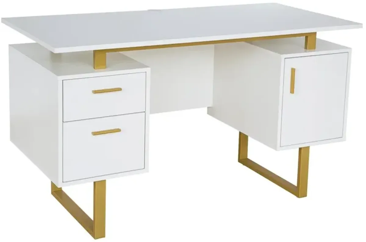 White and Gold Desk for Office with Drawers & Storage