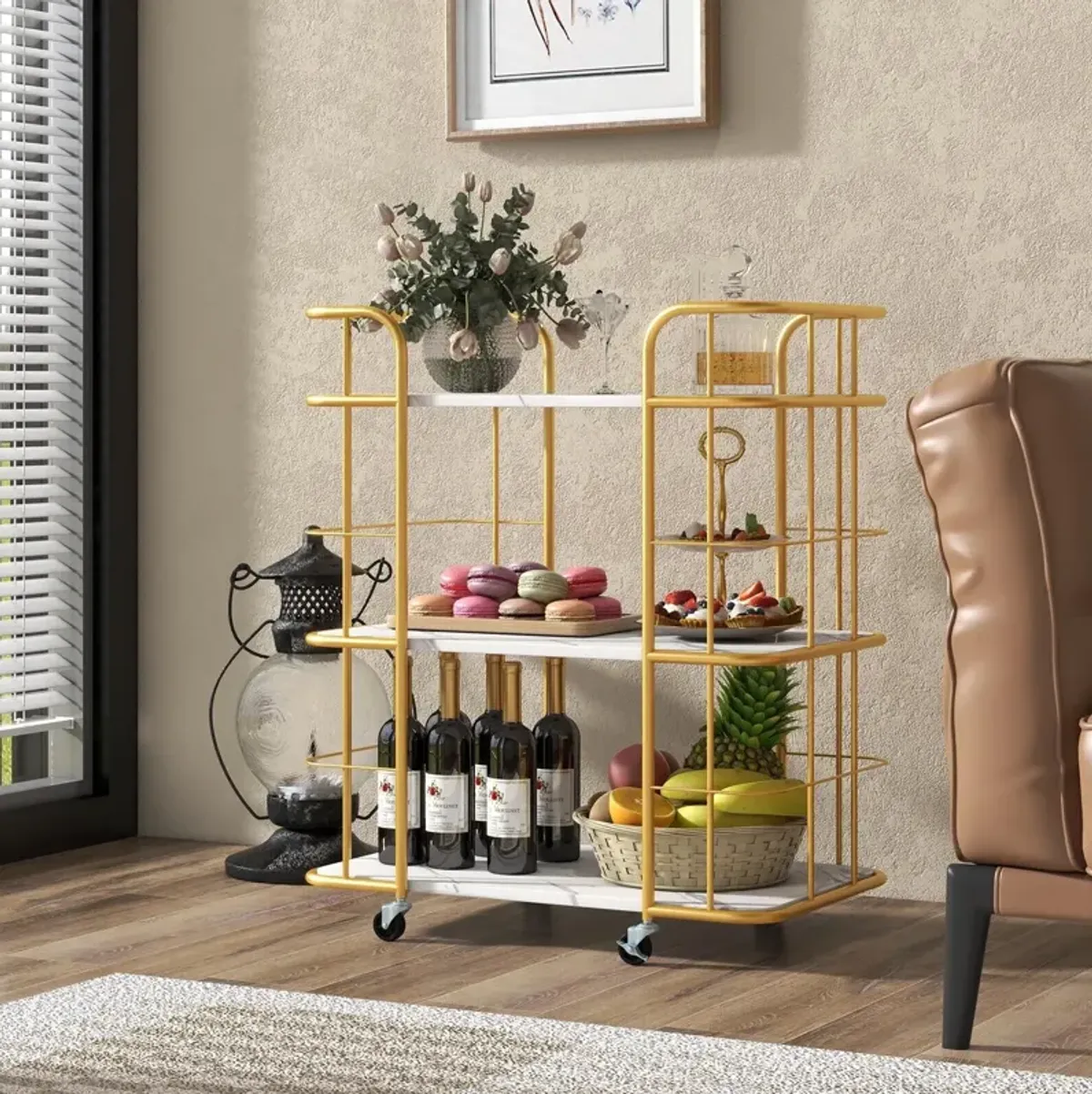 3-Tier Metal Kitchen Storage Serving Cart Trolley with Marble Tabletop and Handles-Golden