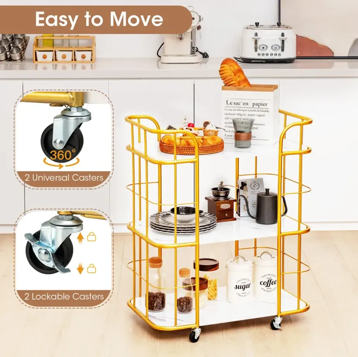 3-Tier Metal Kitchen Storage Serving Cart Trolley with Marble Tabletop and Handles-Golden