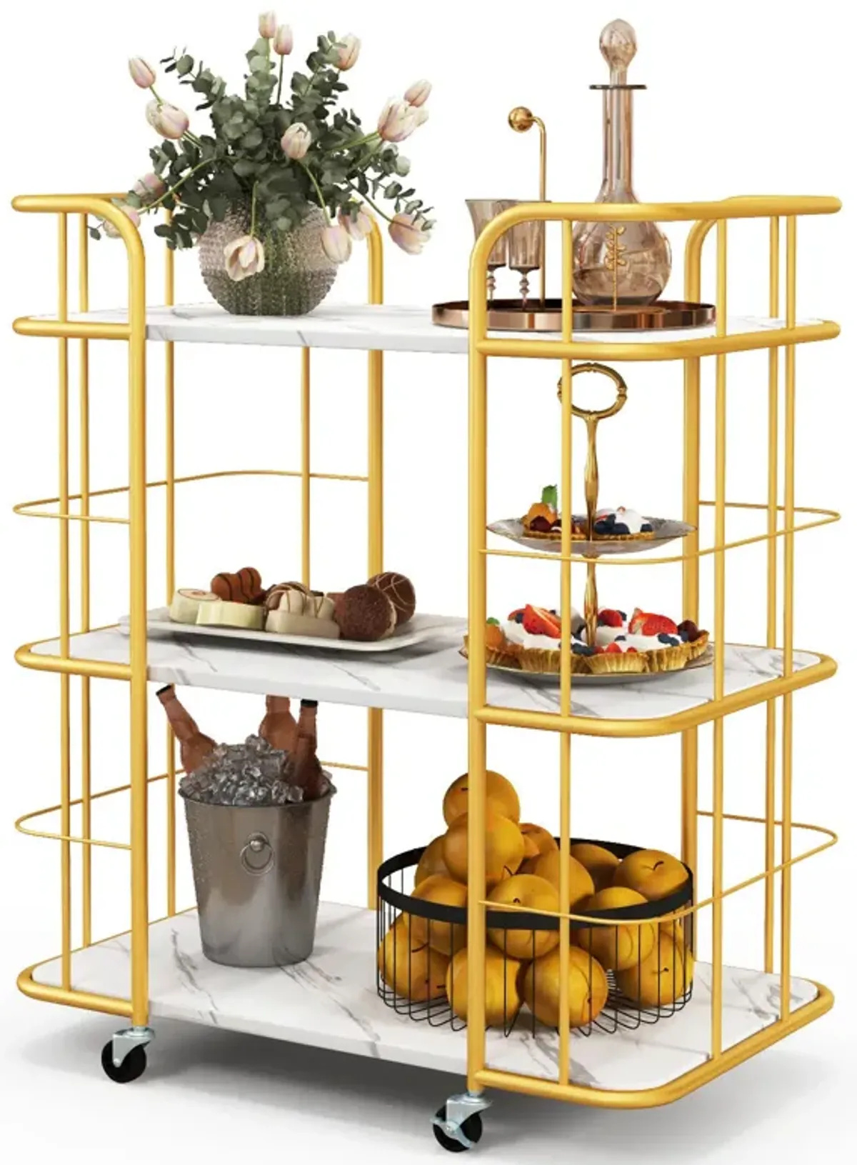 3-Tier Metal Kitchen Storage Serving Cart Trolley with Marble Tabletop and Handles-Golden