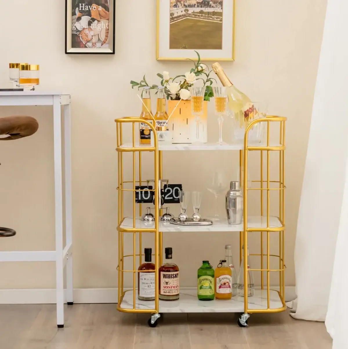 3-Tier Metal Kitchen Storage Serving Cart Trolley with Marble Tabletop and Handles-Golden