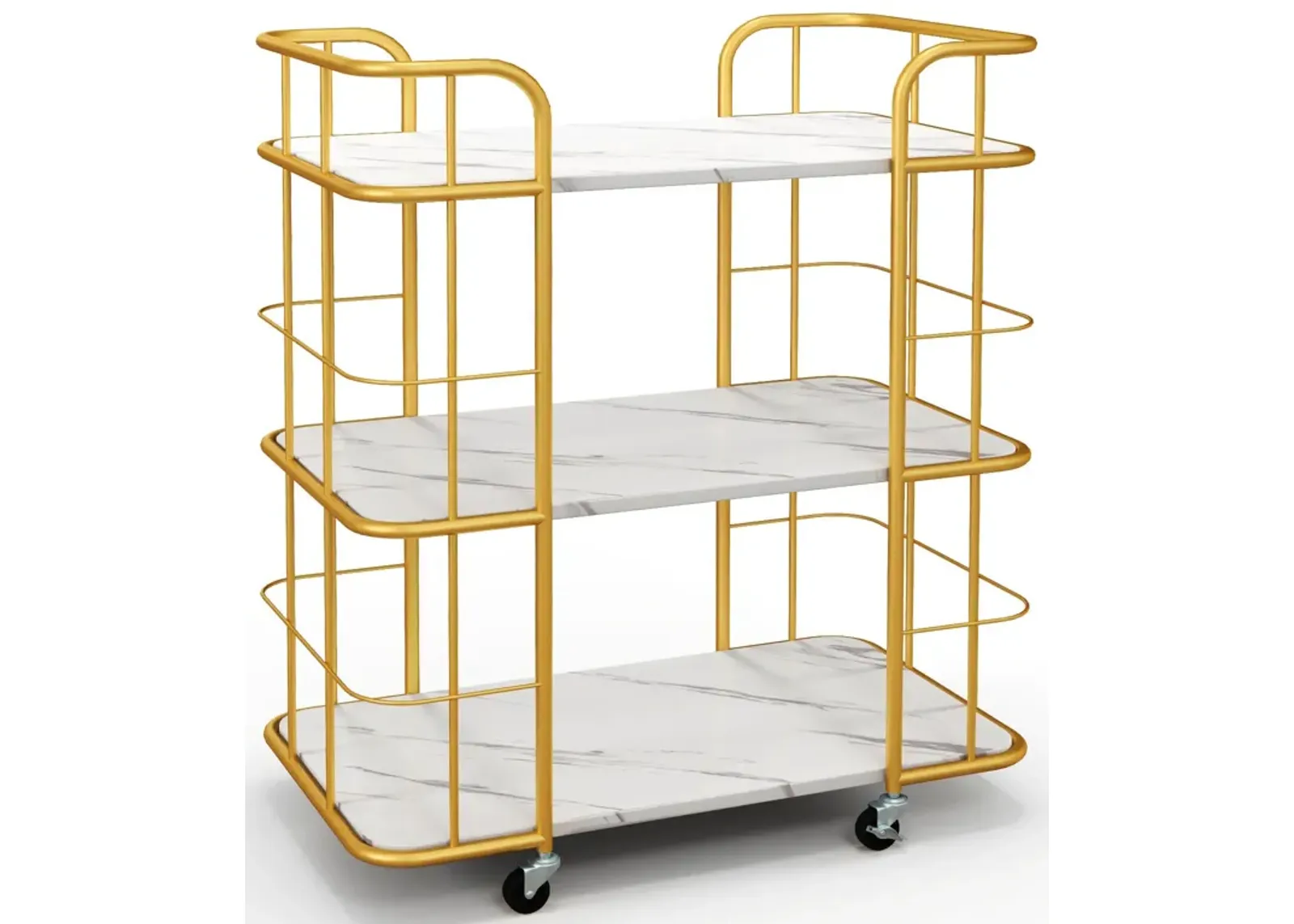 3-Tier Metal Kitchen Storage Serving Cart Trolley with Marble Tabletop and Handles-Golden