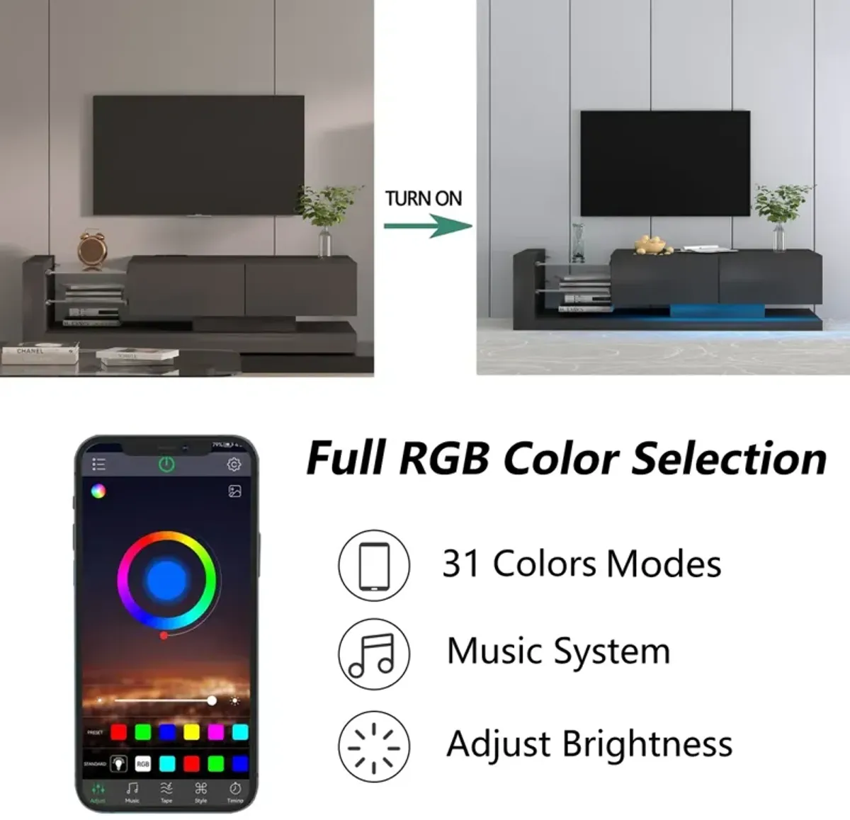 TV Console With Storage Cabinets, 16 4 Modes Changing Lights Remote Rgb LED TV Stand