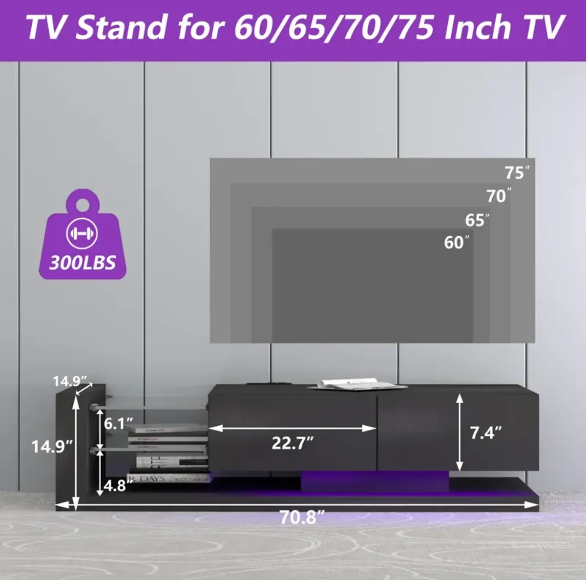 Streamdale RGB LED TV Console With Storage, Dimmable Lights
