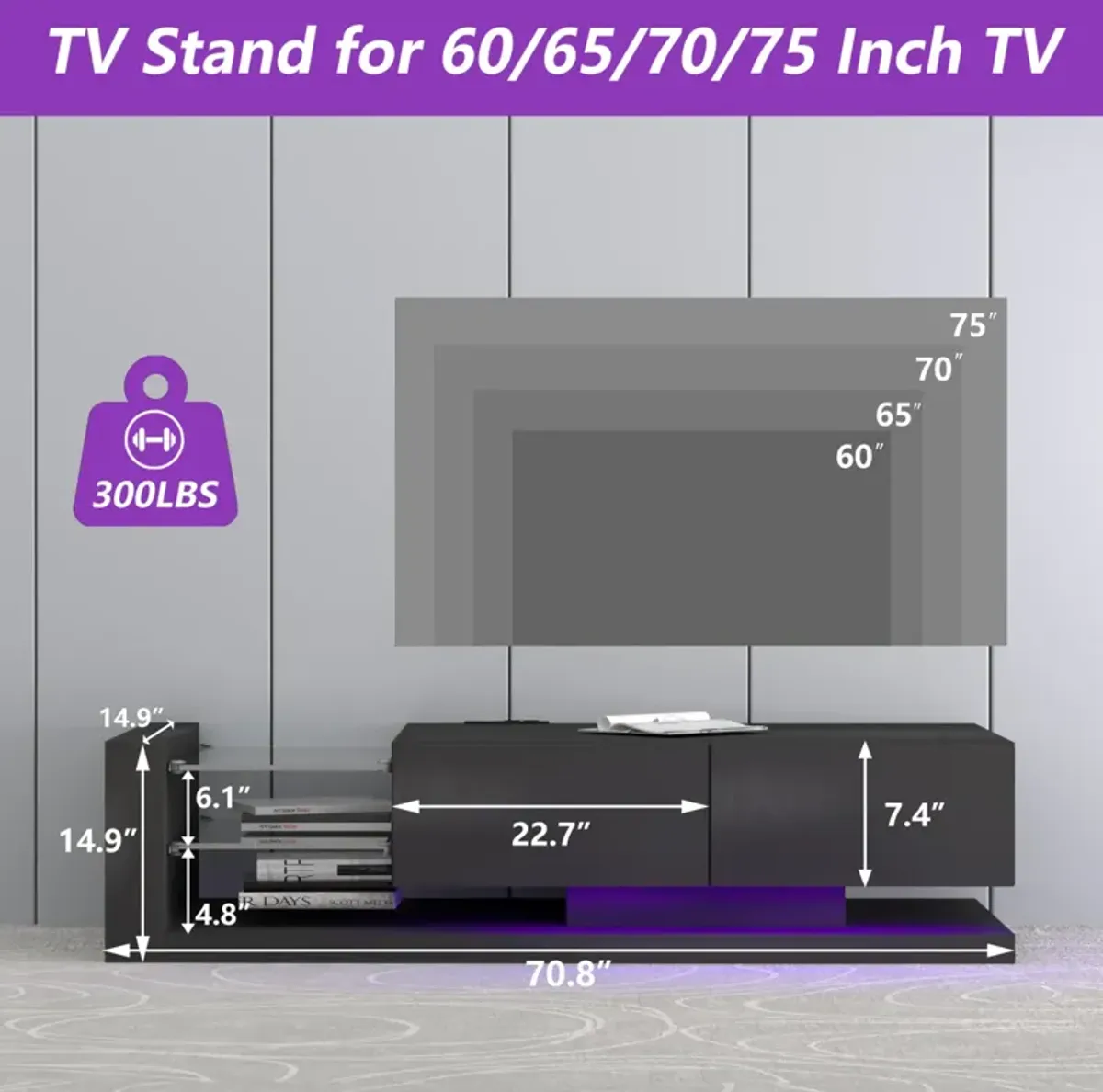 TV Console With Storage Cabinets, 16 4 Modes Changing Lights Remote Rgb LED TV Stand