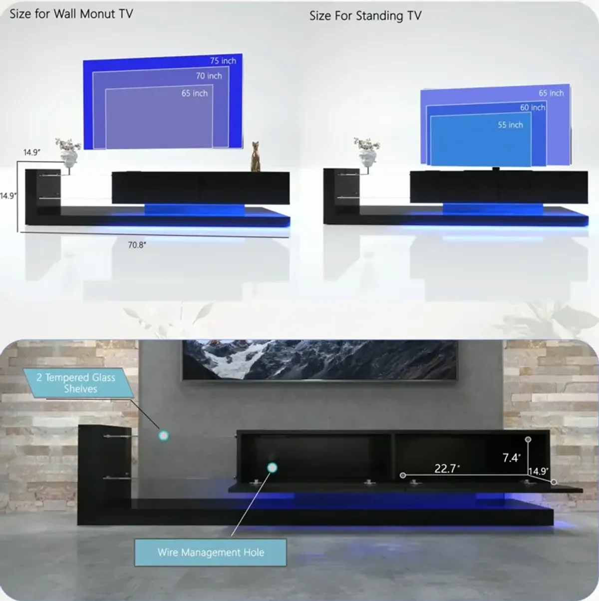 TV Console With Storage Cabinets, 16 4 Modes Changing Lights Remote Rgb LED TV Stand