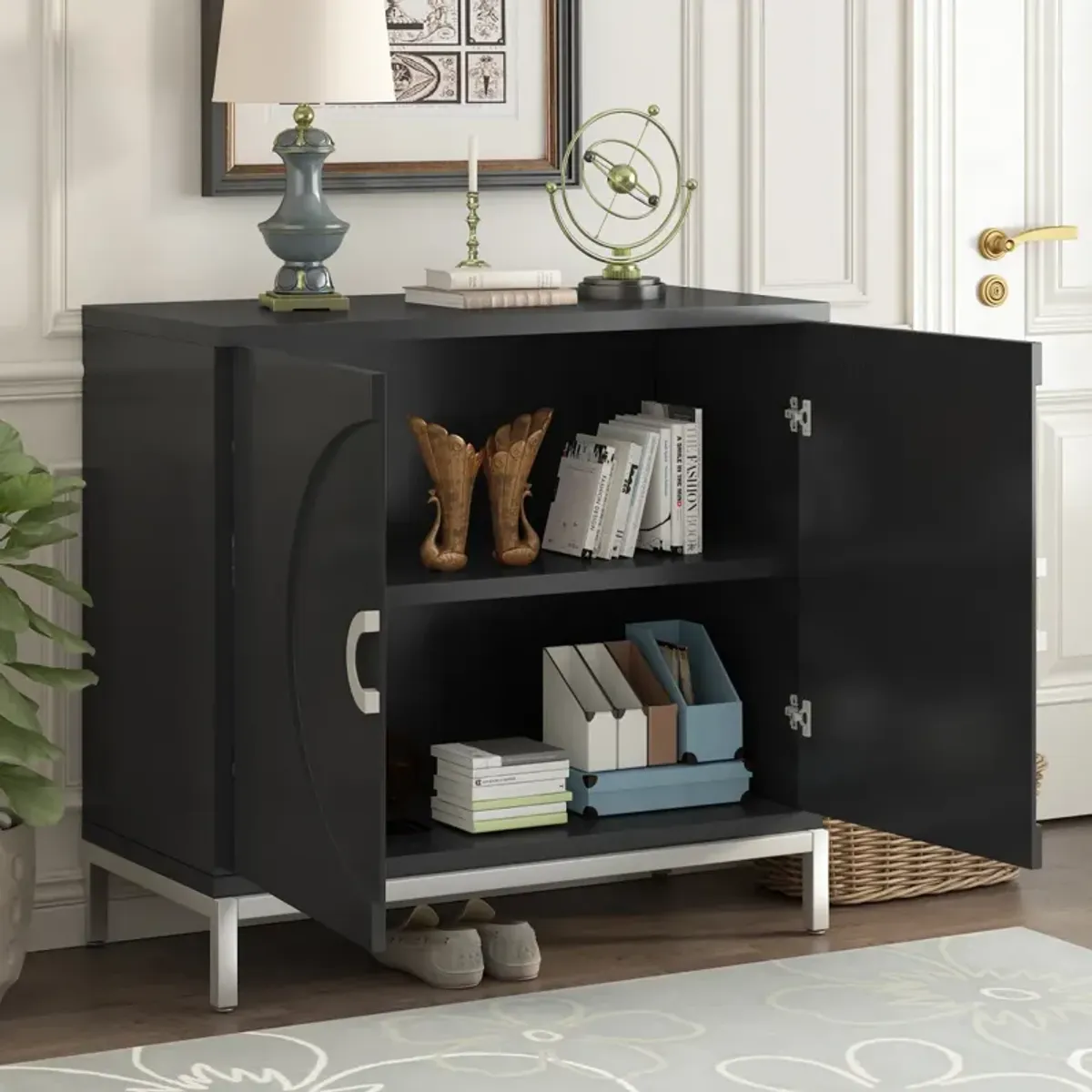 Wooden and Metal Leg Accent Cabinet for Living and Dining Room