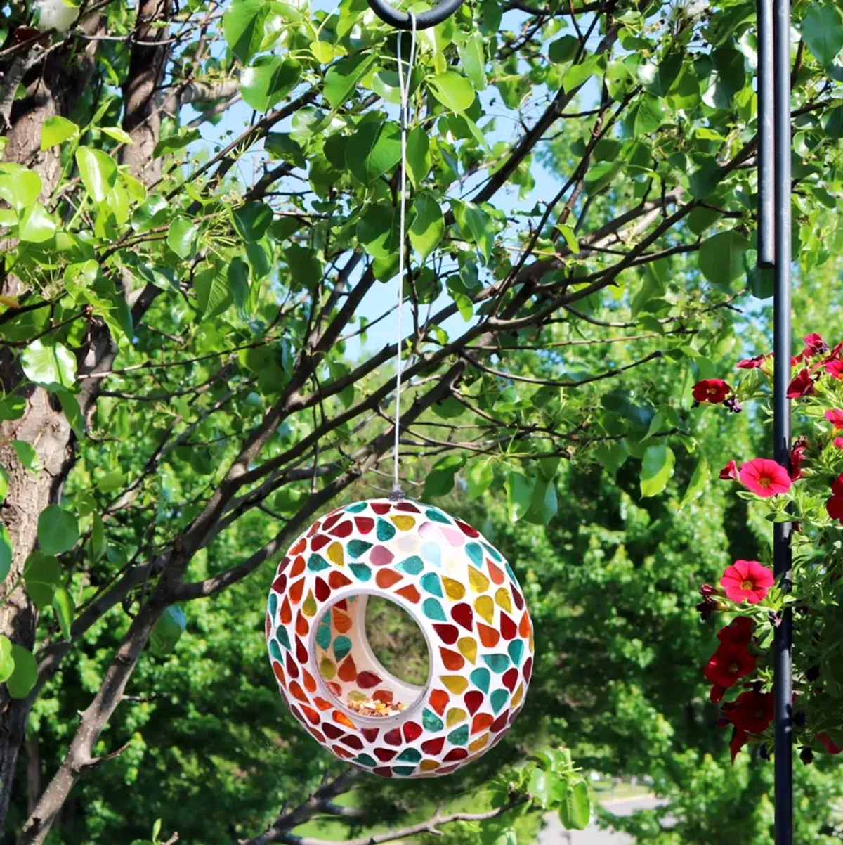 Sunnydaze Glass Mosaic Fly-Through Hanging Bird Feeder - 6 in