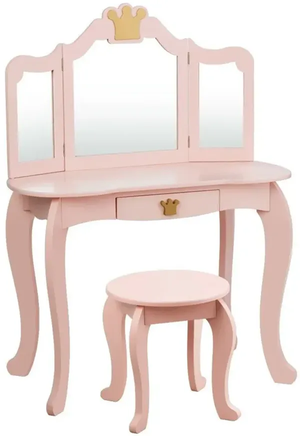 Kids Makeup Dressing Table with Tri-folding Mirror and Stool