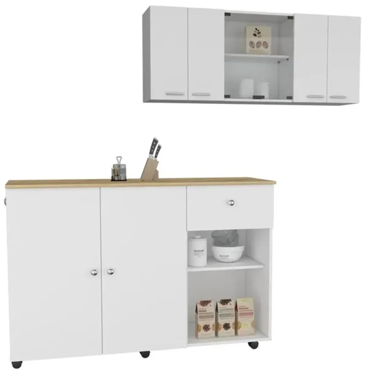 Tigard 2 Piece Kitchen Set, Syros Kitchen Island Cart + 150 Wall Cabinet Glass