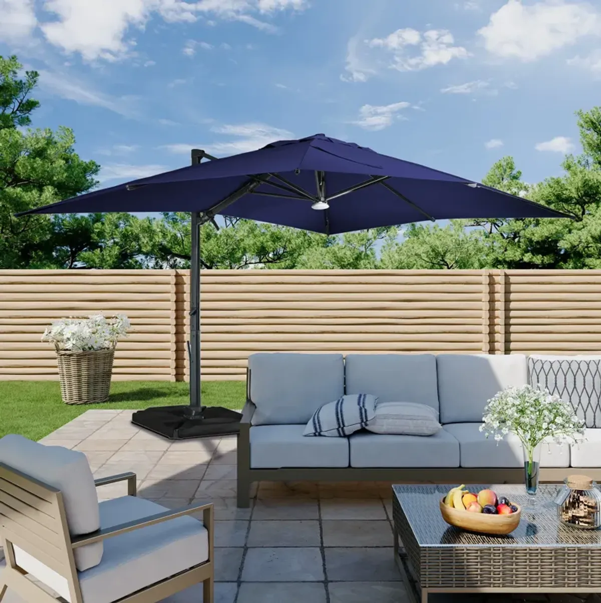 10x13 ft. 360° Rotation Cantilever Patio Umbrella with BaseandBT in Navy Blue