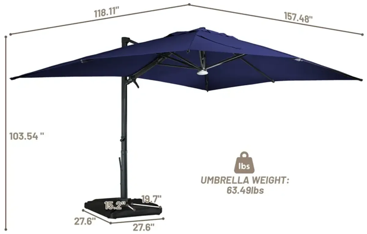 10x13 ft. 360° Rotation Cantilever Patio Umbrella with BaseandBT in Navy Blue