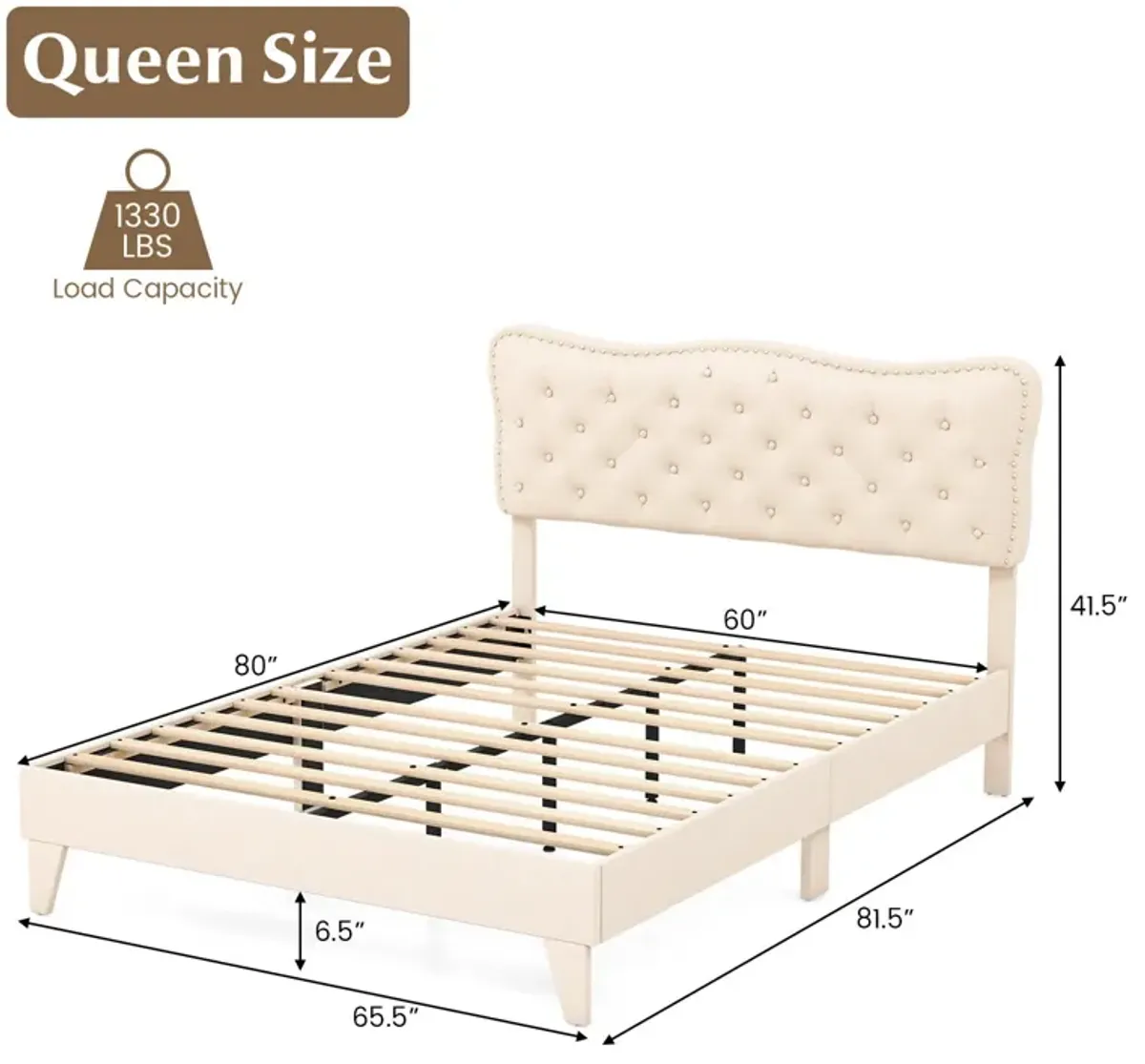 Bed Frame with Nail Headboard and Wooden Slats