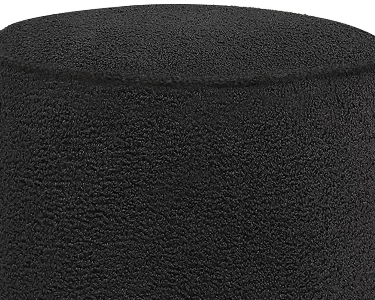 Zia 19 Inch Ottoman, Black Faux Sheepskin Upholstery, Round Platform Base - Benzara