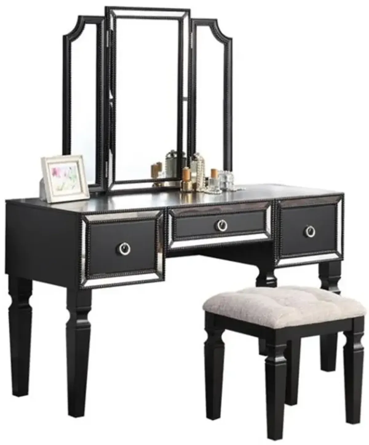 Black Vanity Set with Tri-Fold Mirror