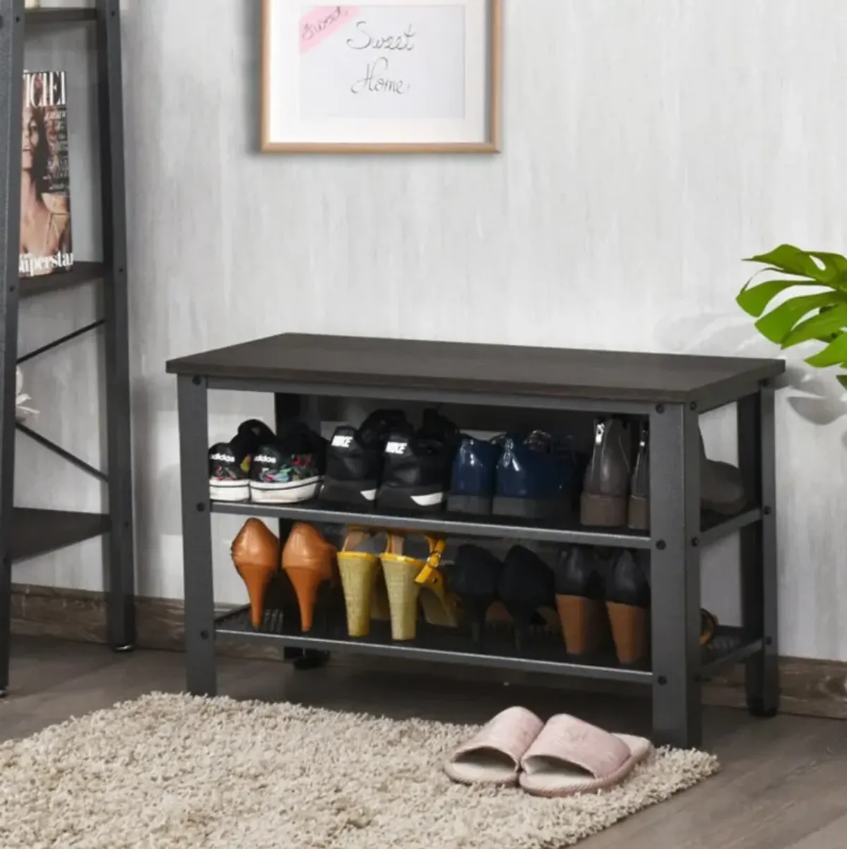 Hivvago 3-Tier Shoe Rack Industrial Shoe Bench with Storage Shelves