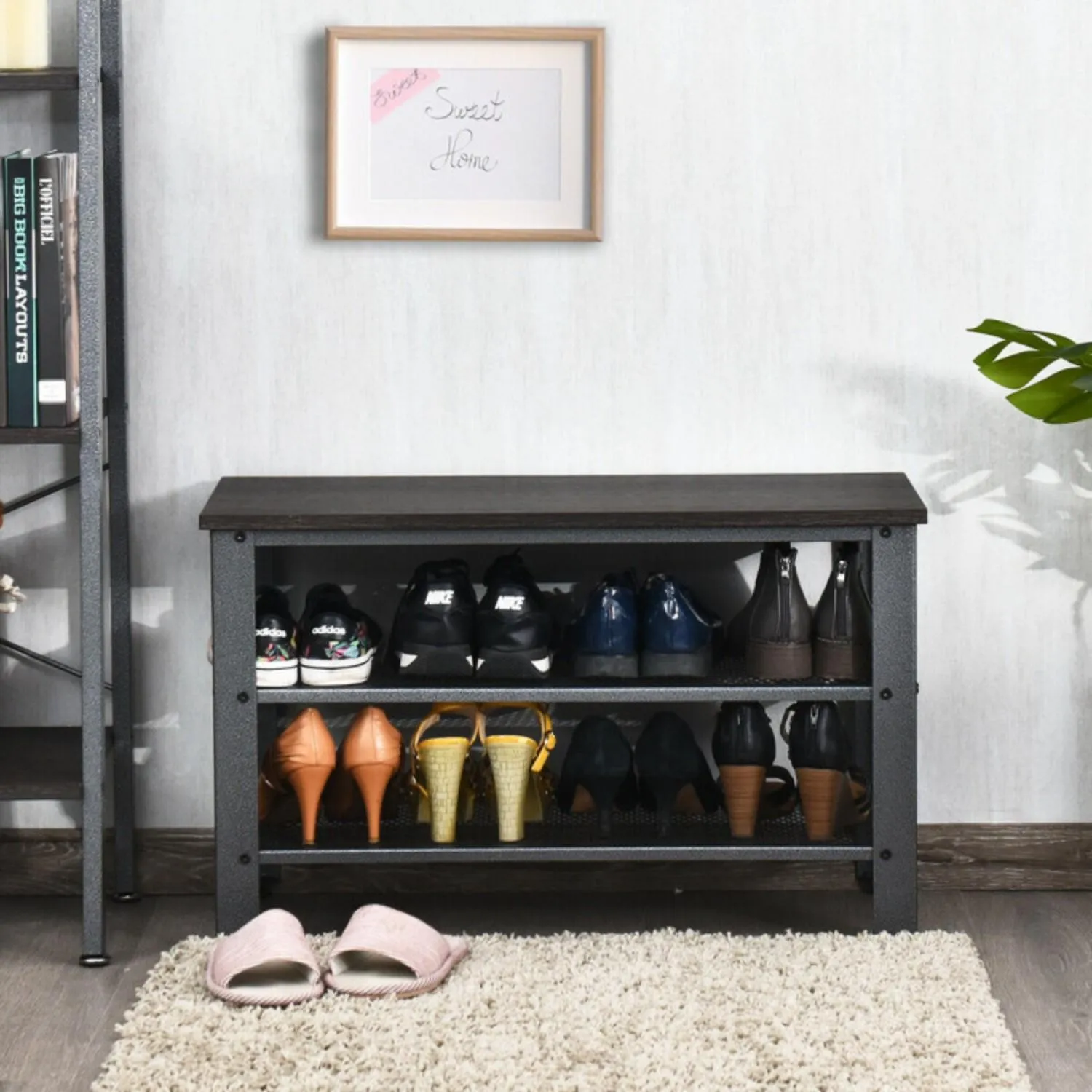 Hivvago 3-Tier Shoe Rack Industrial Shoe Bench with Storage Shelves