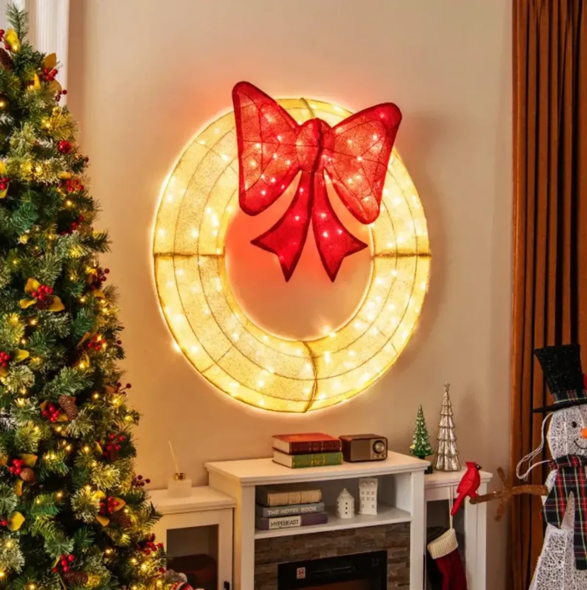Hivvago 48 Inch Pre-Lit Lighted Christmas Mesh Wreath with Large Bow and 200 LED Bulbs