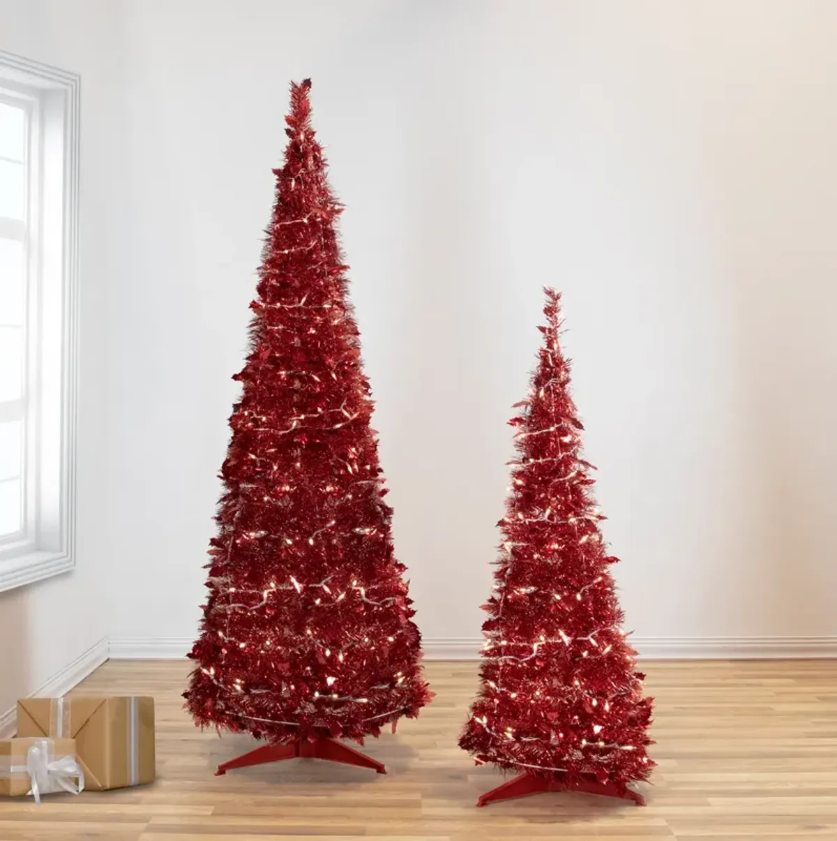 6' Pre-Lit Red Tinsel Pop-Up Artificial Christmas Tree - Clear Lights