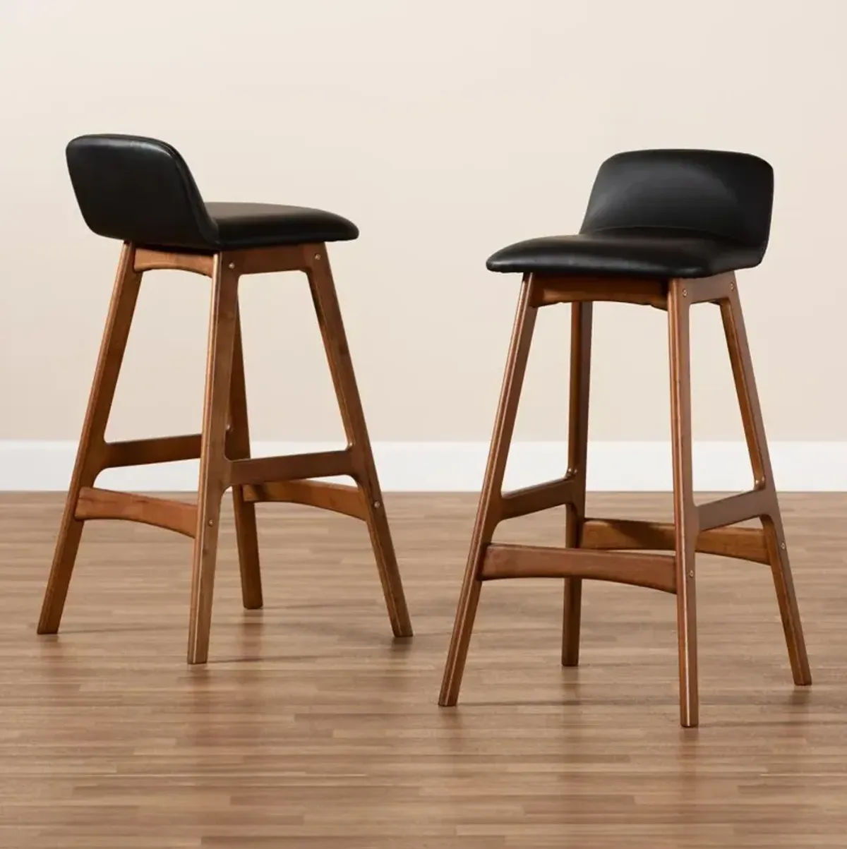 Leather Upholstered and Walnut Brown Finished Wood 2-Piece Bar Stool Set