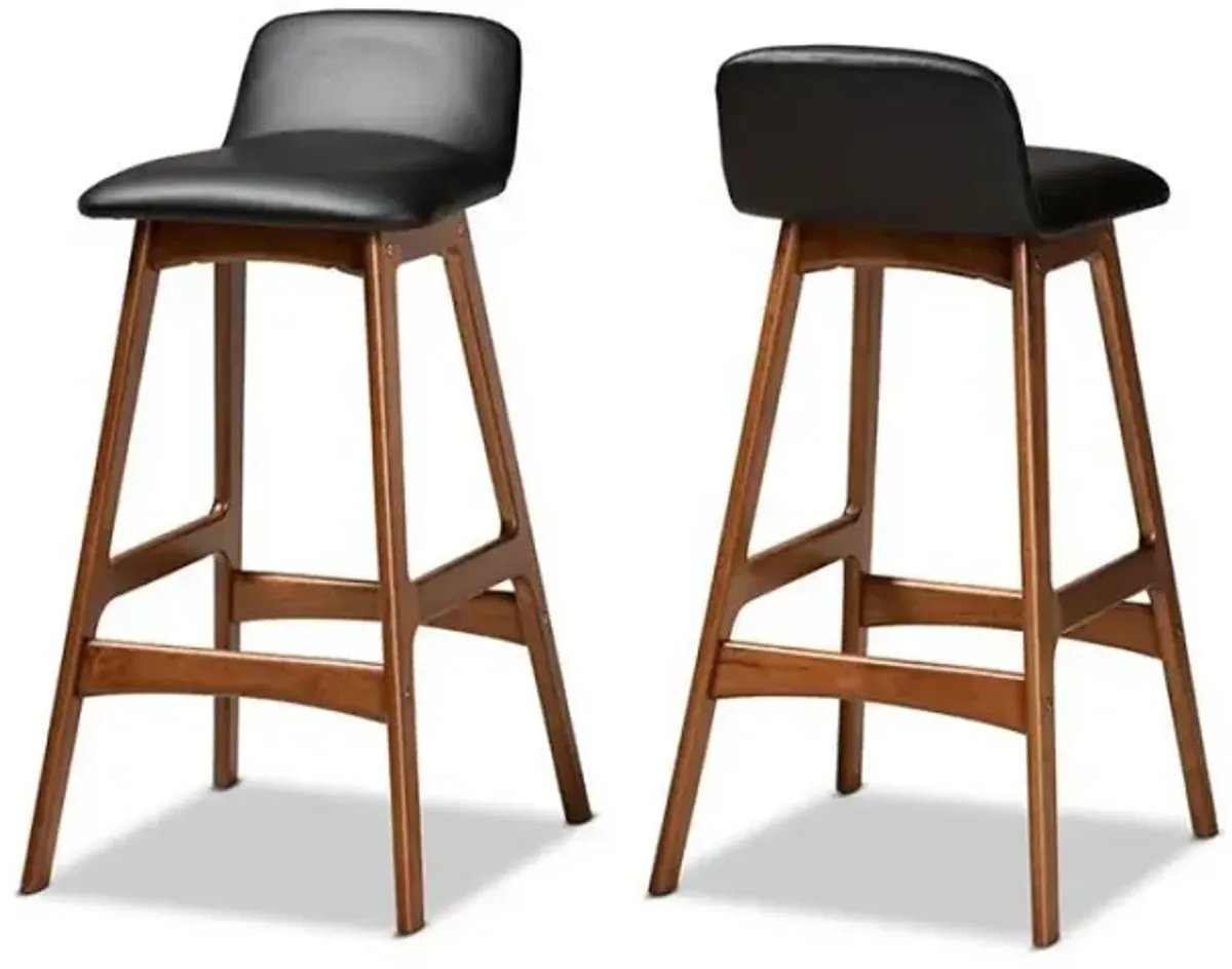 Leather Upholstered and Walnut Brown Finished Wood 2-Piece Bar Stool Set