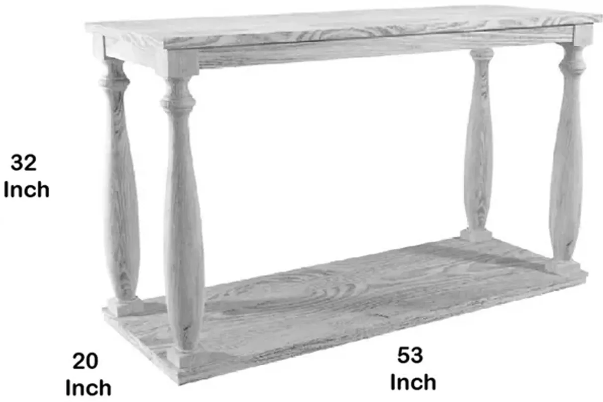 Plank Top Sofa Table with Open Shelf and Turned Legs, Antique White-Benzara