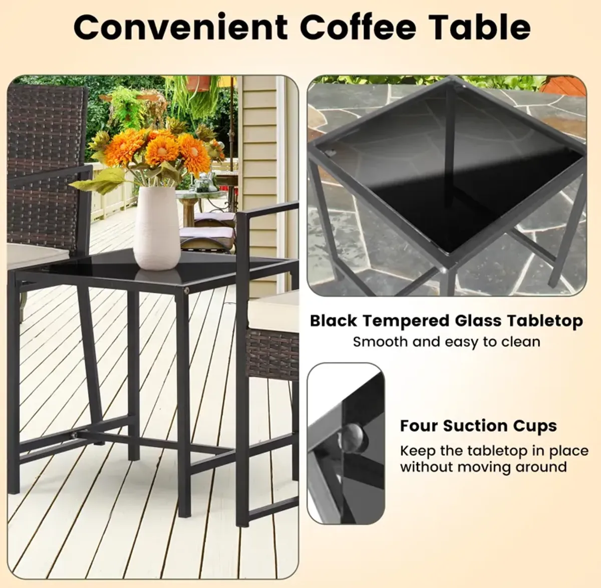 3 Pieces Modern Heavy Duty Patio Furniture Set with Coffee Table