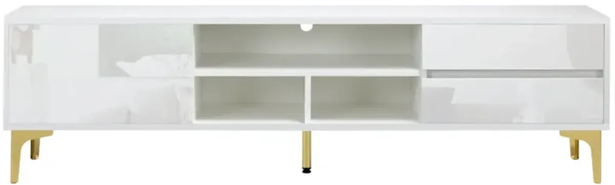 White TV stand with LED lights and gold legs