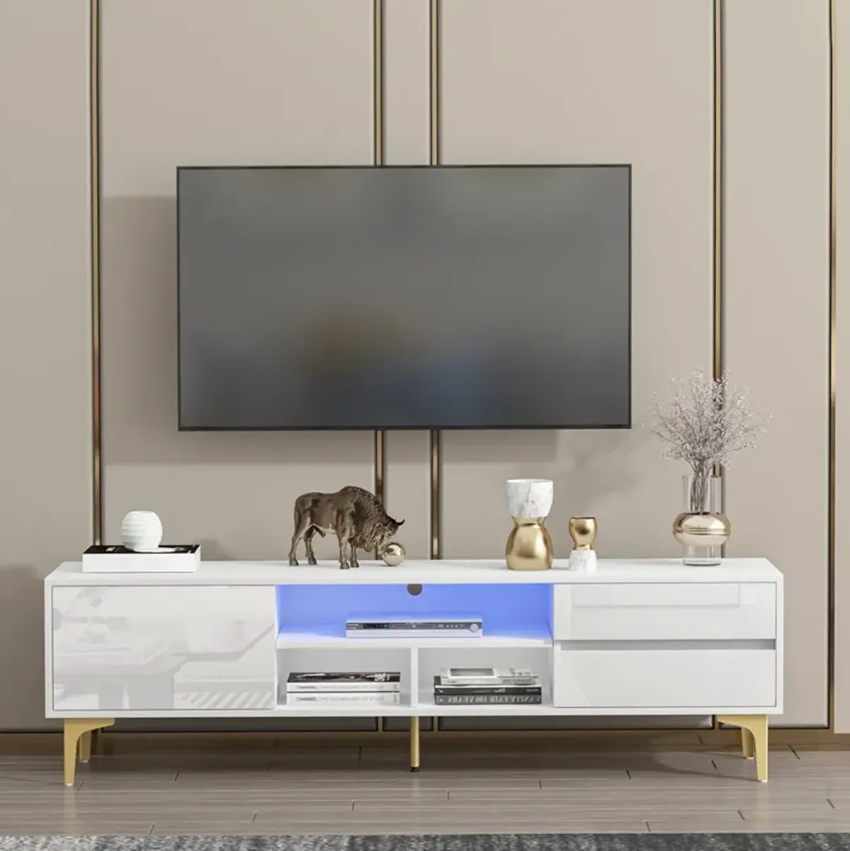 White TV stand with LED lights and gold legs