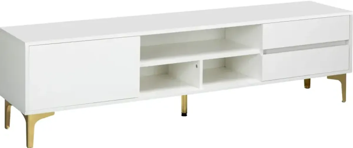 White TV stand with LED lights and gold legs