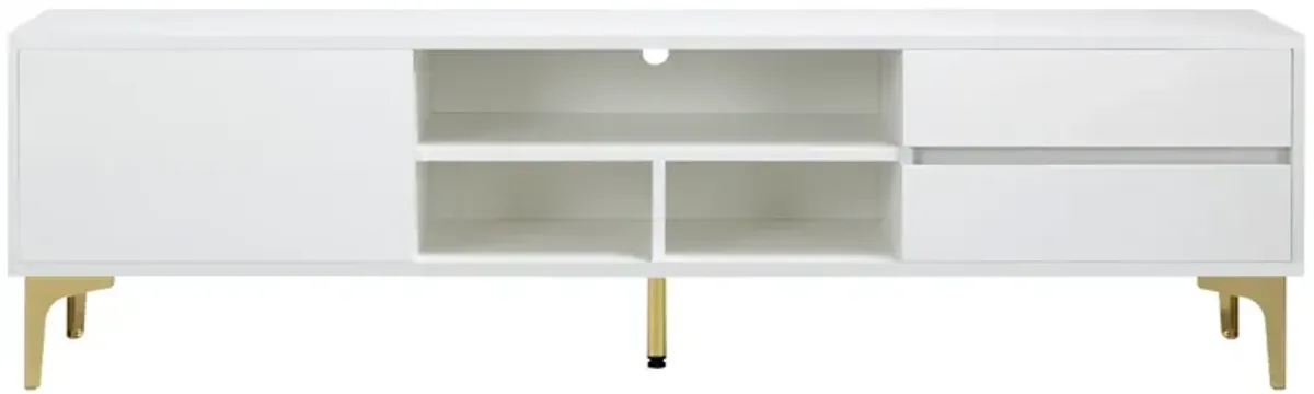 White TV stand with LED lights and gold legs