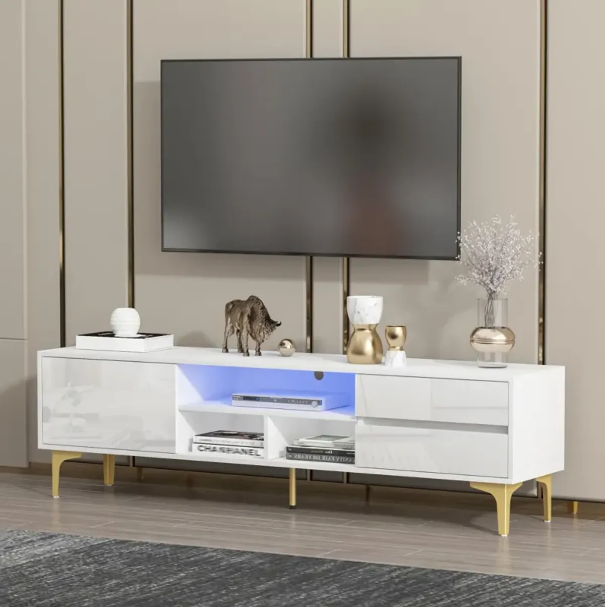 White TV stand with LED lights and gold legs