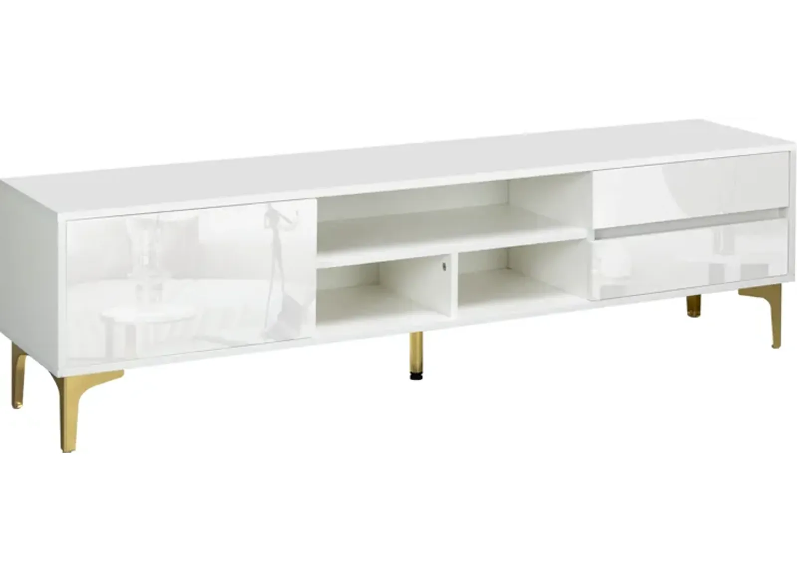 White TV stand with LED lights and gold legs